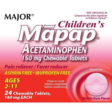 Major Children's Mapap Bubblegum Chewable Tabs 160 mg 24 Tabs (1 Box)-Preferred Medical Plus