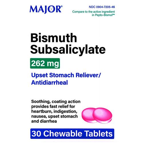 Major Bismuth Subsalicylate 262 mg Upset Stomach Reliever Antidiarrheal 30 Chewable Tablets (Each)