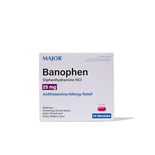 ALLERGY MEDICATION: Major's Banophen Diphenhydramine minitabs help temporarily relieve the following symptoms due to hay fever and upper respiratory allergies: itchy, watery eyes, runny nose, sneezing, and itching of the nose or throat.-Preferred Medical Plus