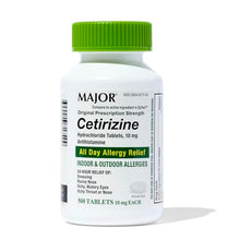 ALL DAY ALLERGY MEDICATION: Major's Cetirizine Hydrochloride tablets help temporarily relieve the following symptoms due to hay fever or other upper respiratory allergies: itchy, watery eyes, runny nose, sneezing, and itching of the nose or throat.-Preferred Medical Plus
