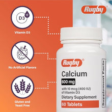 Rugby Laboratories Calcium 600 mg Vitamin D3 10 mcg 400 IU 60 Tablets-Preferred Medical Plus