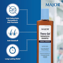 THERAPEUTIC SHAMPOO: Major Thera-Gel Therapeutic Shampoo helps control the symptoms of dandruff, seborrheic dermatitis, and psoriasis; supporting long-lasting relief from itching and flaking.-Preferred Medical Plus