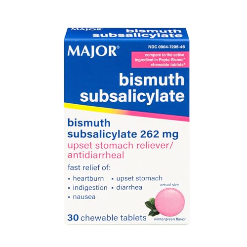 Major Bismuth Subsalicylate 262 mg Upset Stomach Reliever Antidiarrheal 30 Chewable Tablets