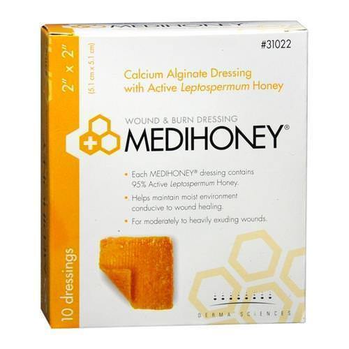 Derma Sciences 31022 Medihoney Calcium Alginate Dressing, 2 in. x 2 in. (Box of 10)-Preferred Medical Plus