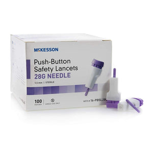 McKesson Safety Lancet, Fixed Depth Lancet Needle 1.5 mm Depth 28 Gauge Push Button (Box of 100)-Preferred Medical Plus