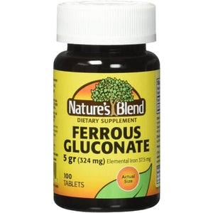 Nature`s Blend Ferrous Gluconate Tablets 324 mg, 100 Count (Pack of 2)-Preferred Medical Plus