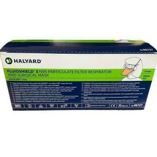 Halyard 46727 FLUIDSHIELD PFR95 Particulate Filter Respirator & Surgical Mask Polyurethane Headband Regular Size Orange (Box of 35)-Preferred Medical Plus